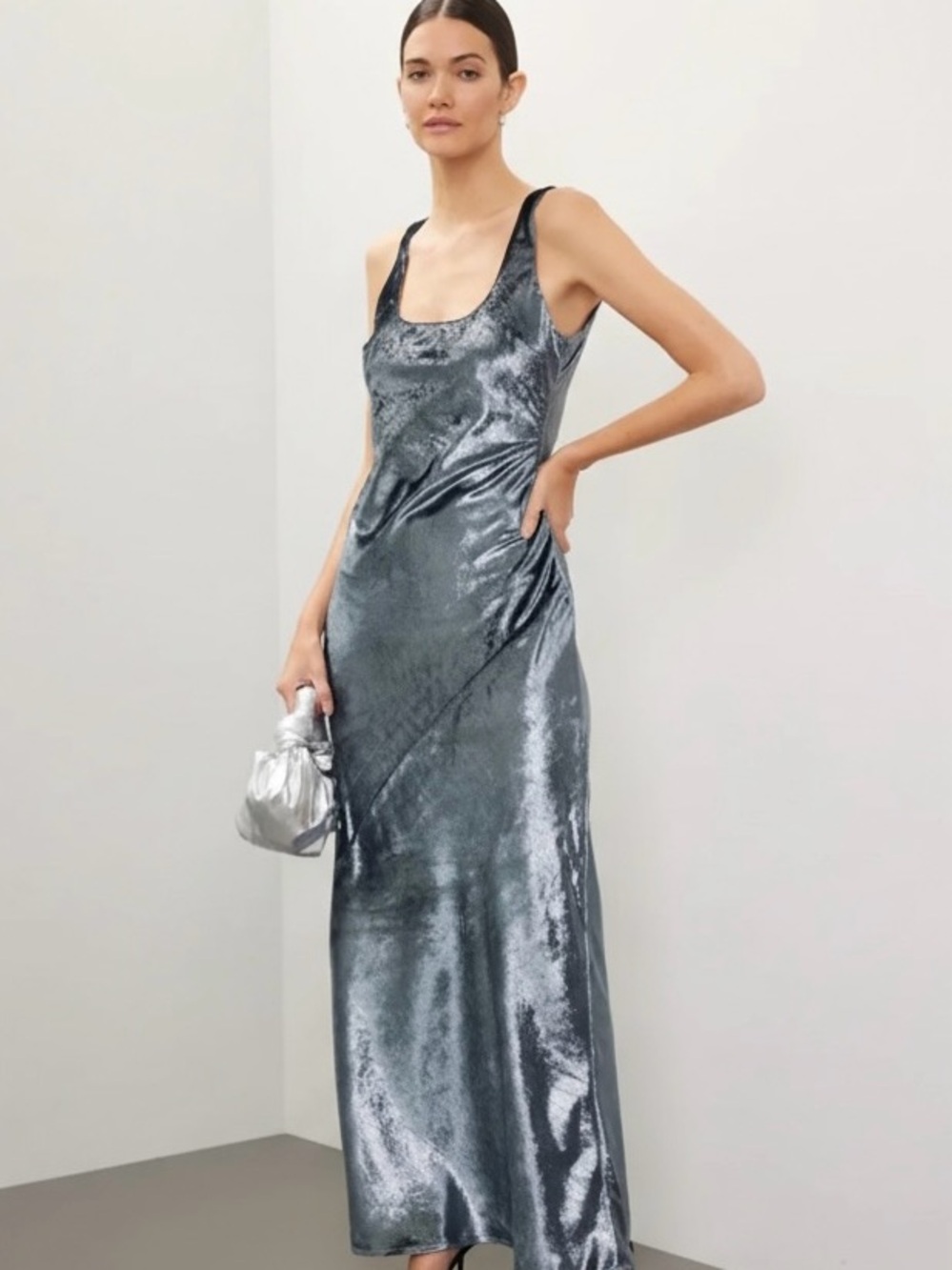 Anthropologie Beaming Silver Metallic Maxi Slip Dress Size 3X